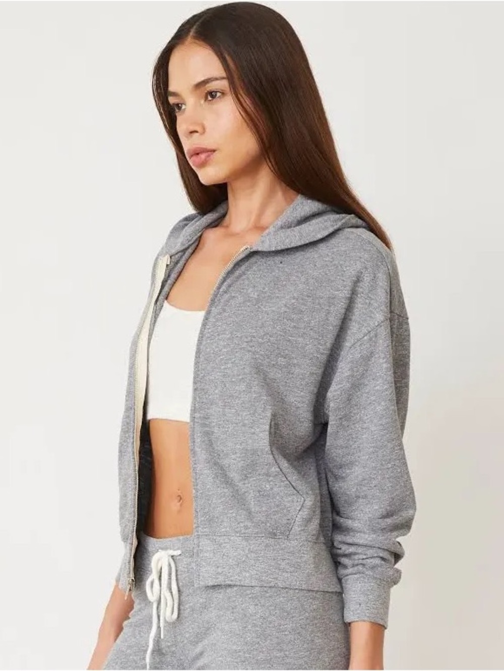 Monrow Grey Ribbed Original Zip Up Hoodie - Picture 3 of 11